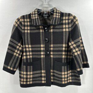 Designers Original Petite Women's Cardigan Sweater Black Beige Plaid Size PS